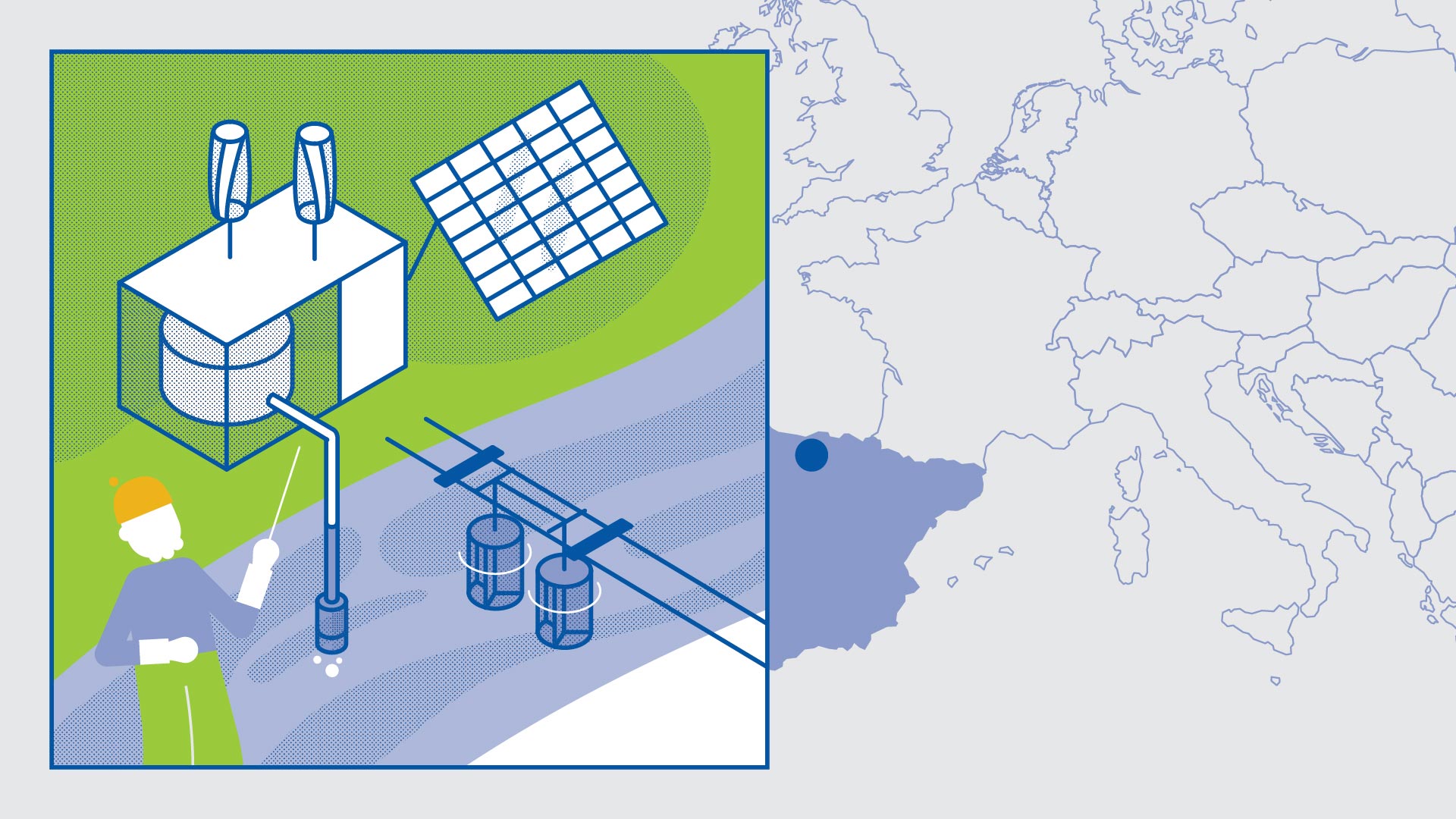 Animation pédagogique montrant la combinaison des énergies solaire éolienne et hydraulique