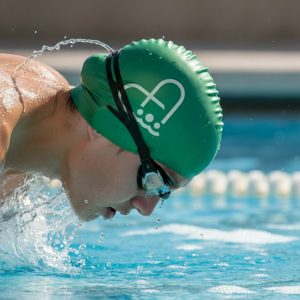 Bonnet de natation vert à l'insigne du Centre Aquatique Auguste Delaune