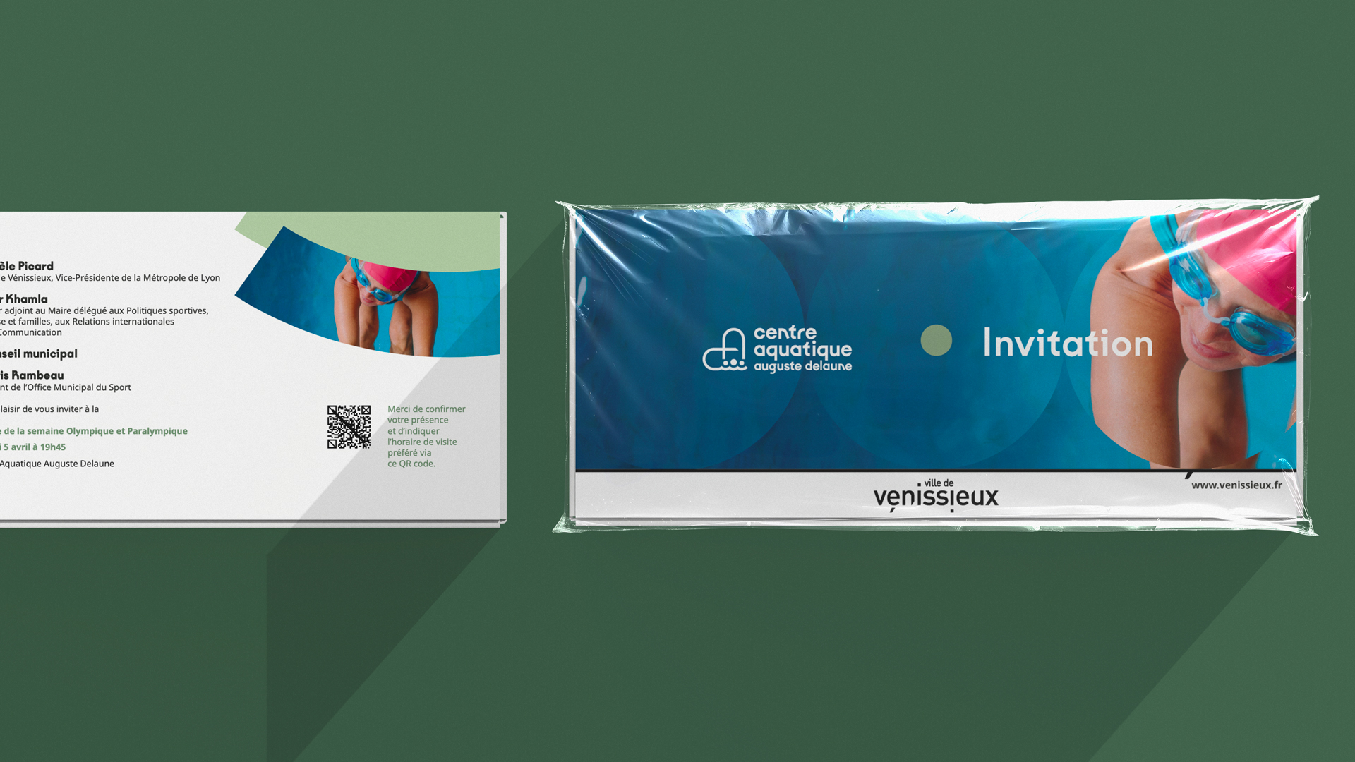 Carton d'invitation à l'inauguration du Centre Aquatique Auguste Delaune à Vénissieux