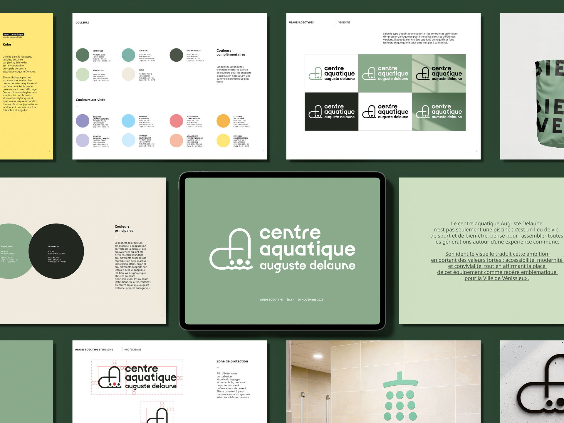 Charte graphique du Centre Aquatique Auguste Delaune Vénissieux : couleurs, typographie Kobe et déclinaisons du logo