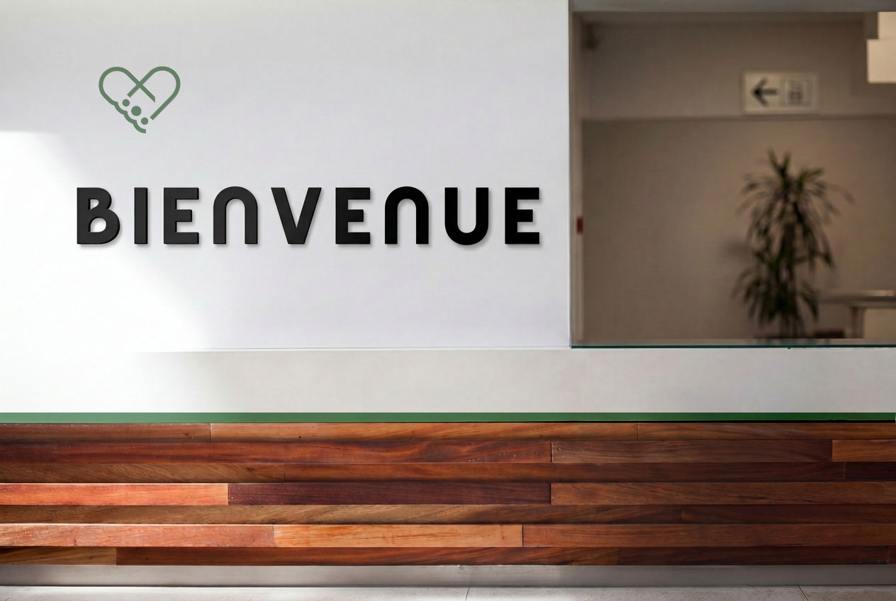 Signalétique d'accueil intérieur avec lettrage Bienvenue et insigne du Centre Aquatique Auguste Delaune