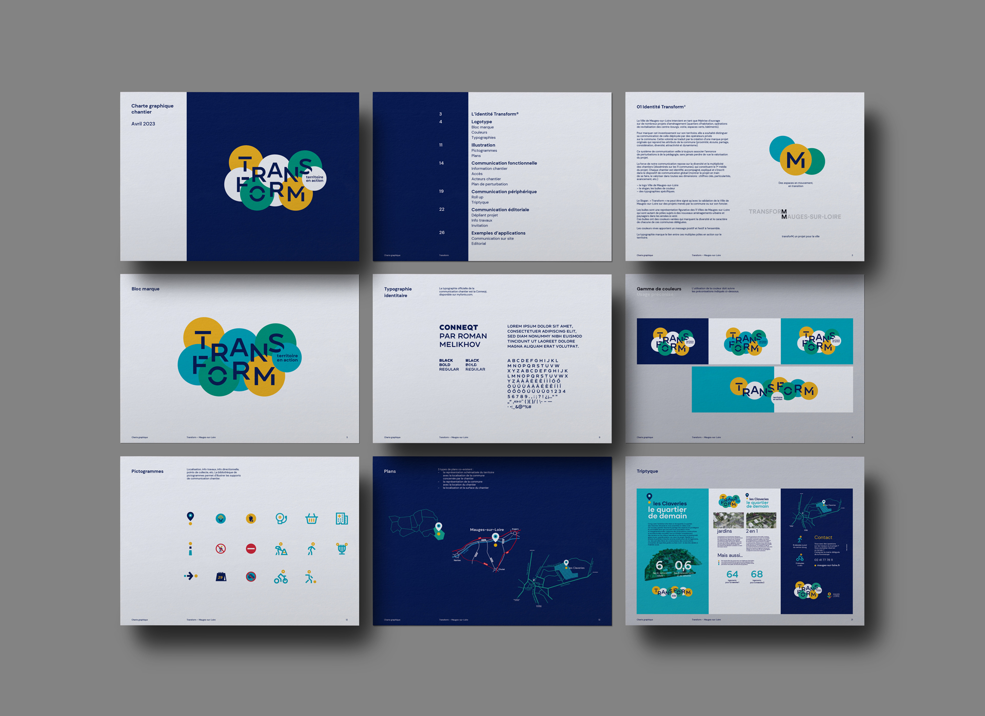 Charte graphique chantier Transform, avril 2023 : couverture, bloc marque, typographie, couleurs, pictogrammes, plans et triptyque