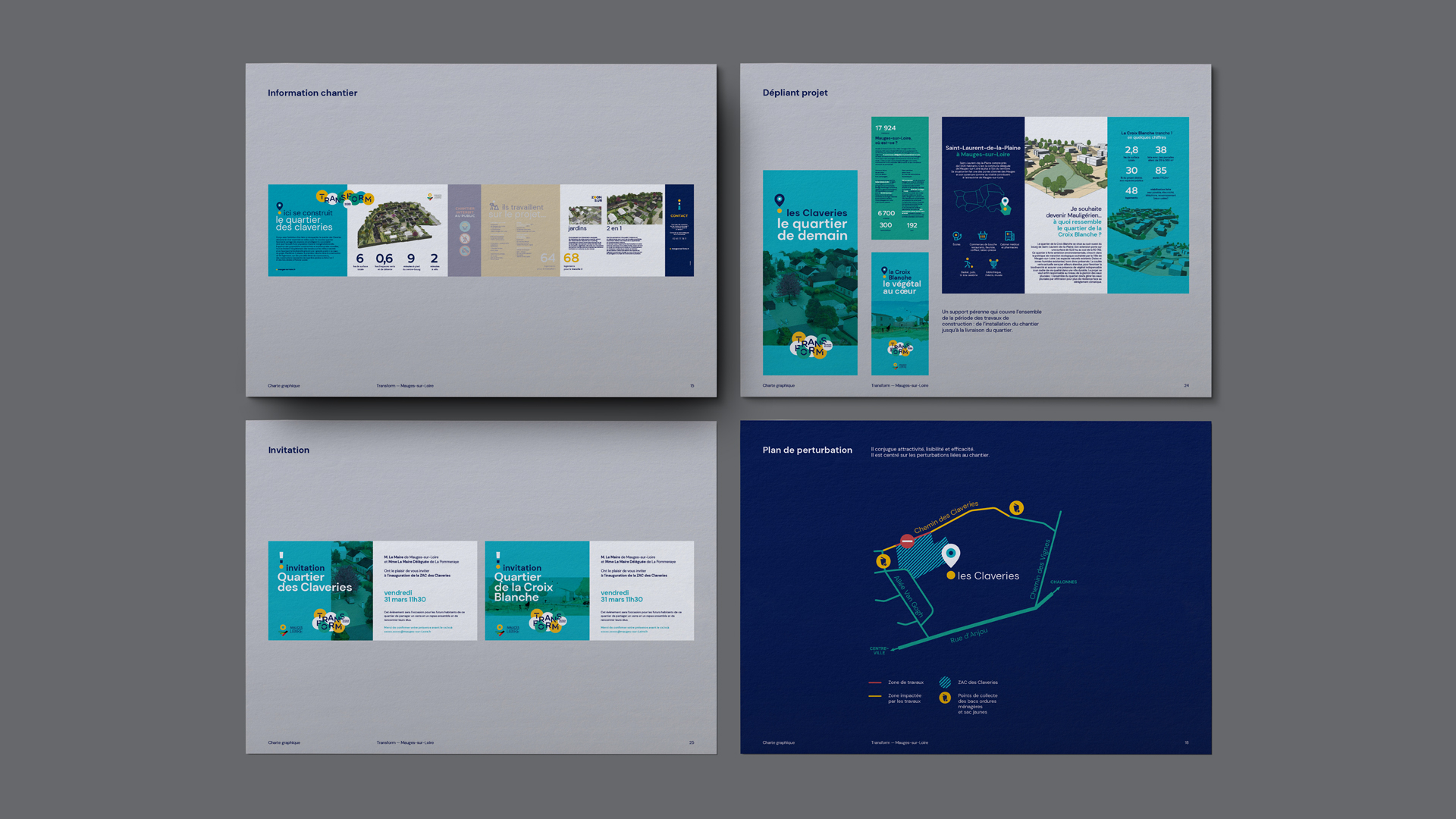 Pages de la charte Transform : information chantier, dépliant projet, invitation et plan de perturbation des Claveries