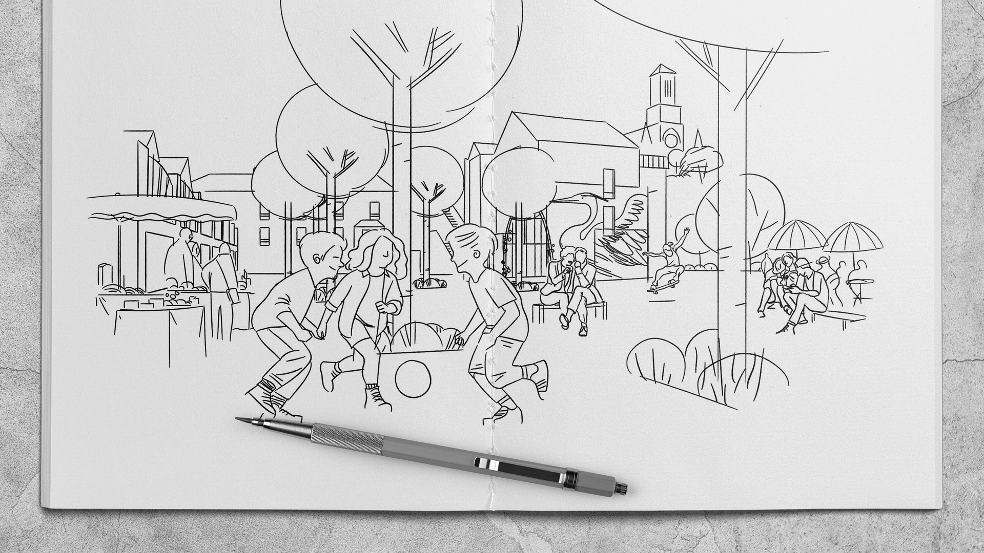 Croquis au crayon de la place de la Forge à Montjean-sur-Loire : marché, enfants jouant au ballon, bancs et terrasse
