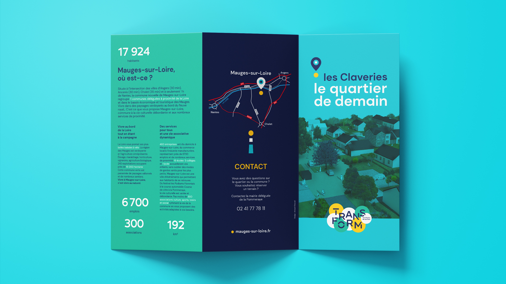 Dépliant trois volets Transform : Mauges-sur-Loire en chiffres, plan de situation et quartier des Claveries