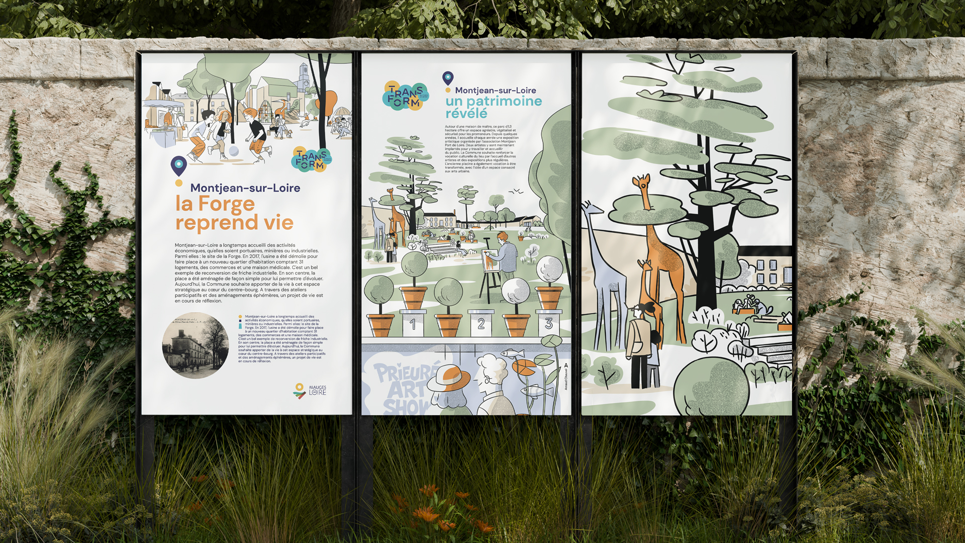 Deux panneaux Transform de Saint-Florent-le-Vieil, « un cœur de bourg vivant » et « place à la nature », avec scènes illustrées