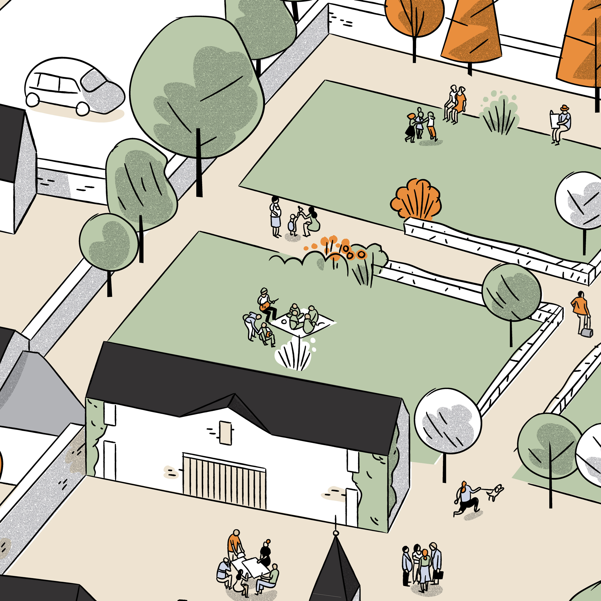 Zoom illustré sur le secteur de la Bellière : pelouses entre les maisons, pique-nique, promeneur avec son chien et familles