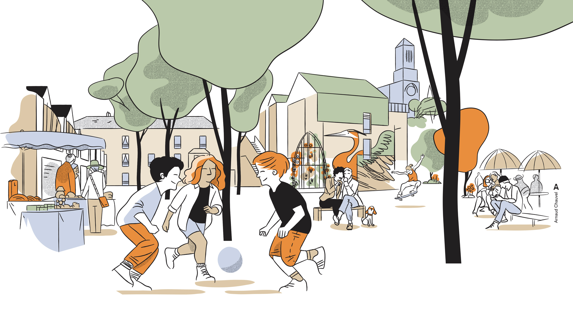 Illustration de la place de la Forge à Montjean-sur-Loire : enfants jouant au ballon devant le marché, clocher, bancs et terrasse