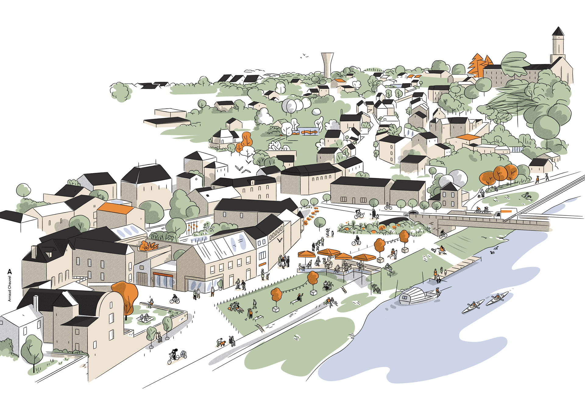 Vue illustrée du quai de Loire à Saint-Florent-le-Vieil : bourg, terrasse, pelouses, cyclistes et barques sur le fleuve